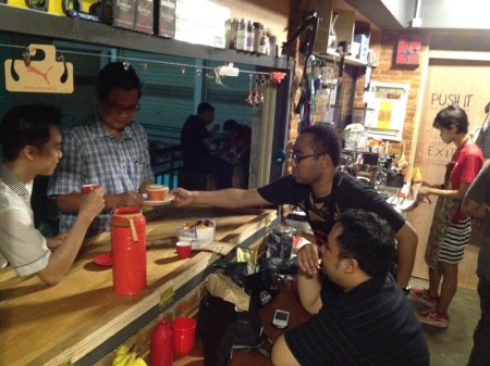 Our dear friend Mr. Ade Ivan helps serving cappuccino for coffee buddies.