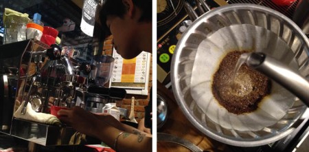 Caecil pulling two shots of Ugandan espresso from our Rocket, while Ve brewing Bali Kintamani beans on V60.